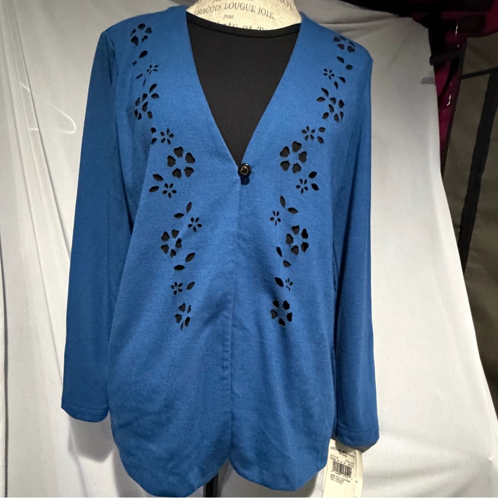 Alfred Dunner Blue Knit Top‎ with Floral Cut Outs and Layered Look